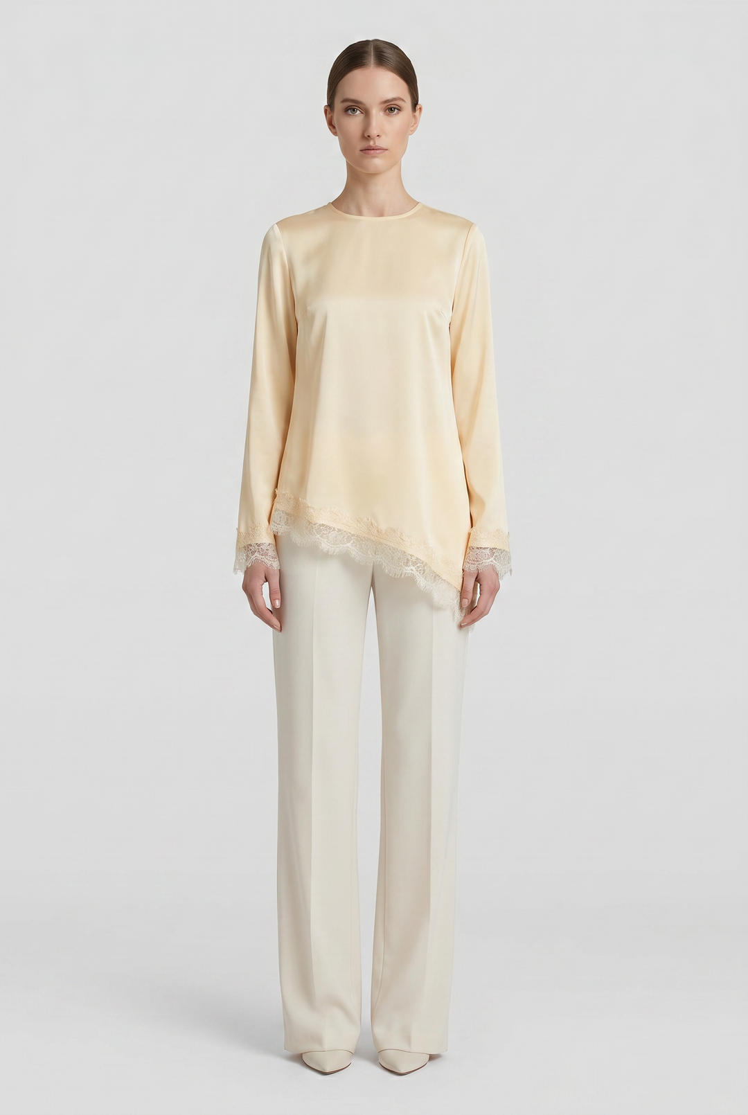 Ivory | Lace-Hem Asymmetric Tunic Blouse