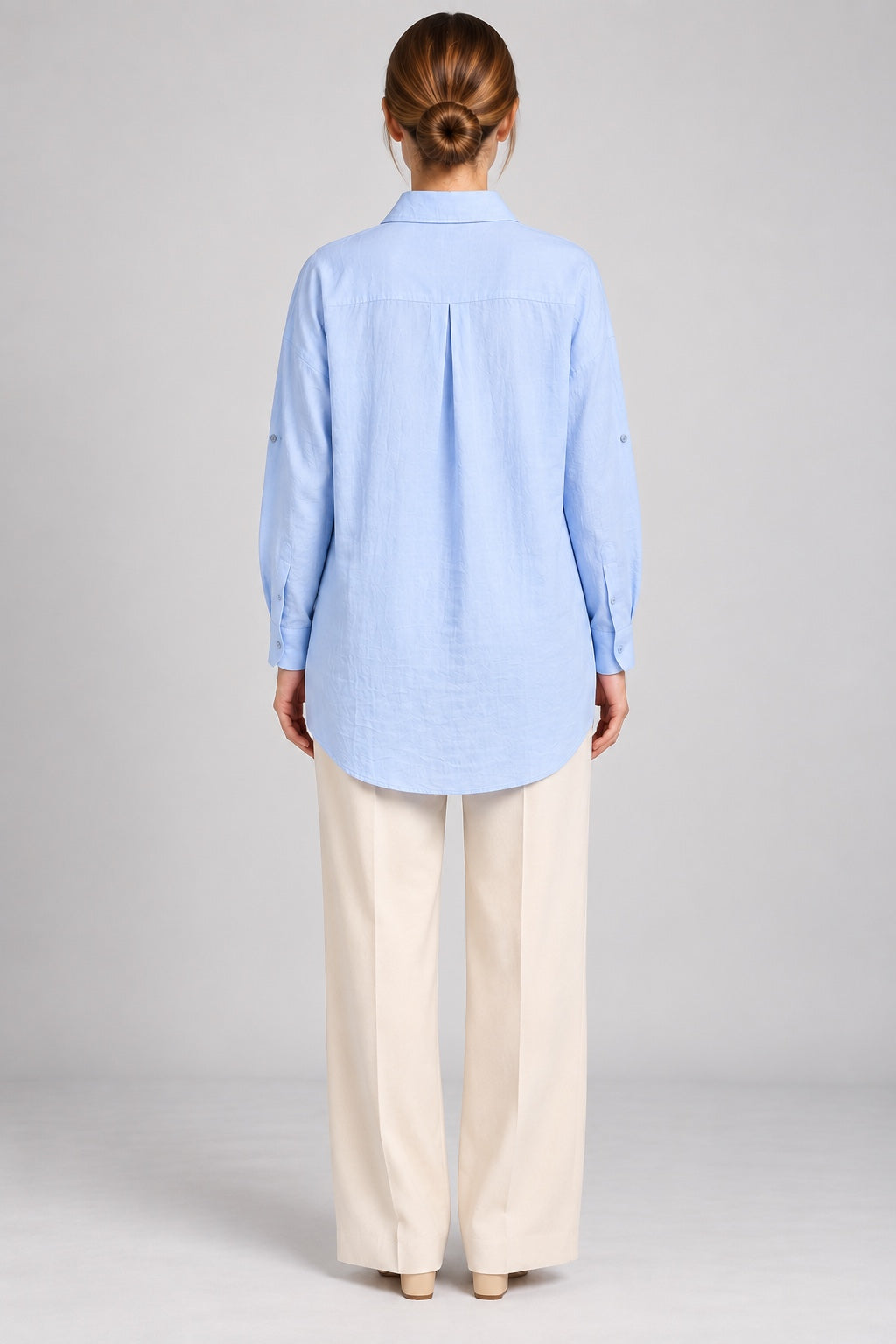 Saoirse | Pearl-Trimmed Crinkle Shirt — Blue (back)
