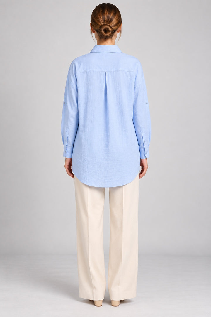 Saoirse | Pearl-Trimmed Crinkle Shirt — Blue (back)
