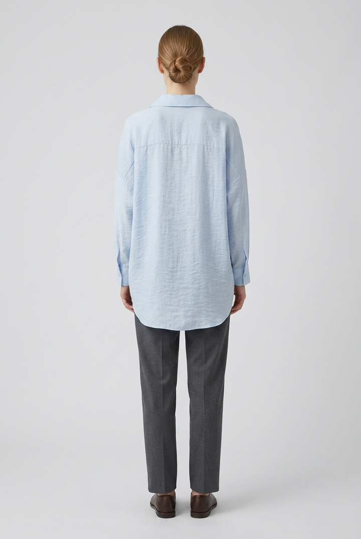 Saoirse | Pearl-Trimmed Crinkle Shirt — Blue (back)