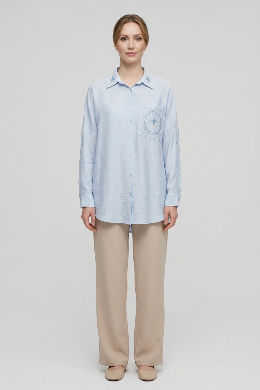 Saoirse | Pearl-Trimmed Crinkle Shirt — Blue (front)