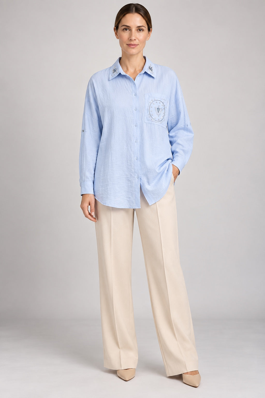 Saoirse | Pearl-Trimmed Crinkle Shirt — Blue (front)