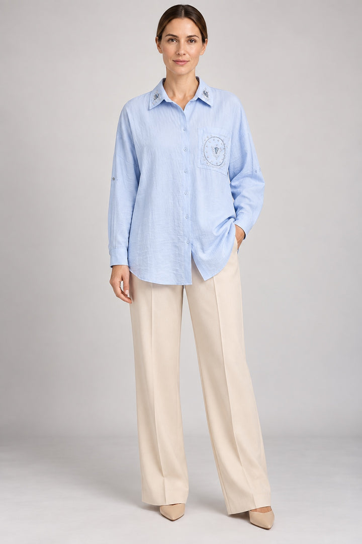 Saoirse | Pearl-Trimmed Crinkle Shirt — Blue (front)