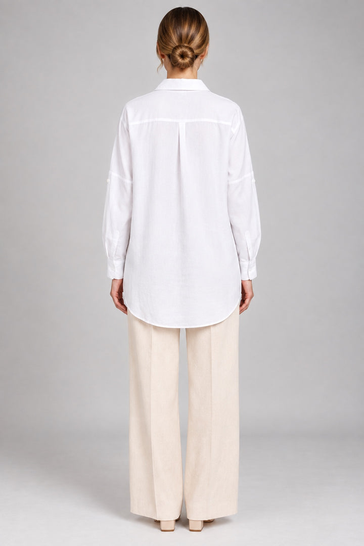 Saoirse | Pearl-Trimmed Crinkle Shirt — White (back)