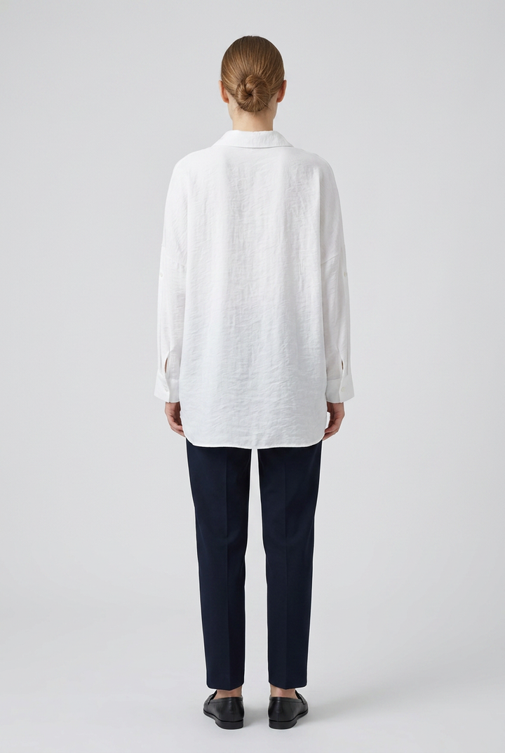 Saoirse | Pearl-Trimmed Crinkle Shirt — White (back)