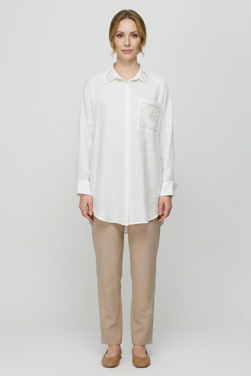 Saoirse | Pearl-Trimmed Crinkle Shirt — White (front)