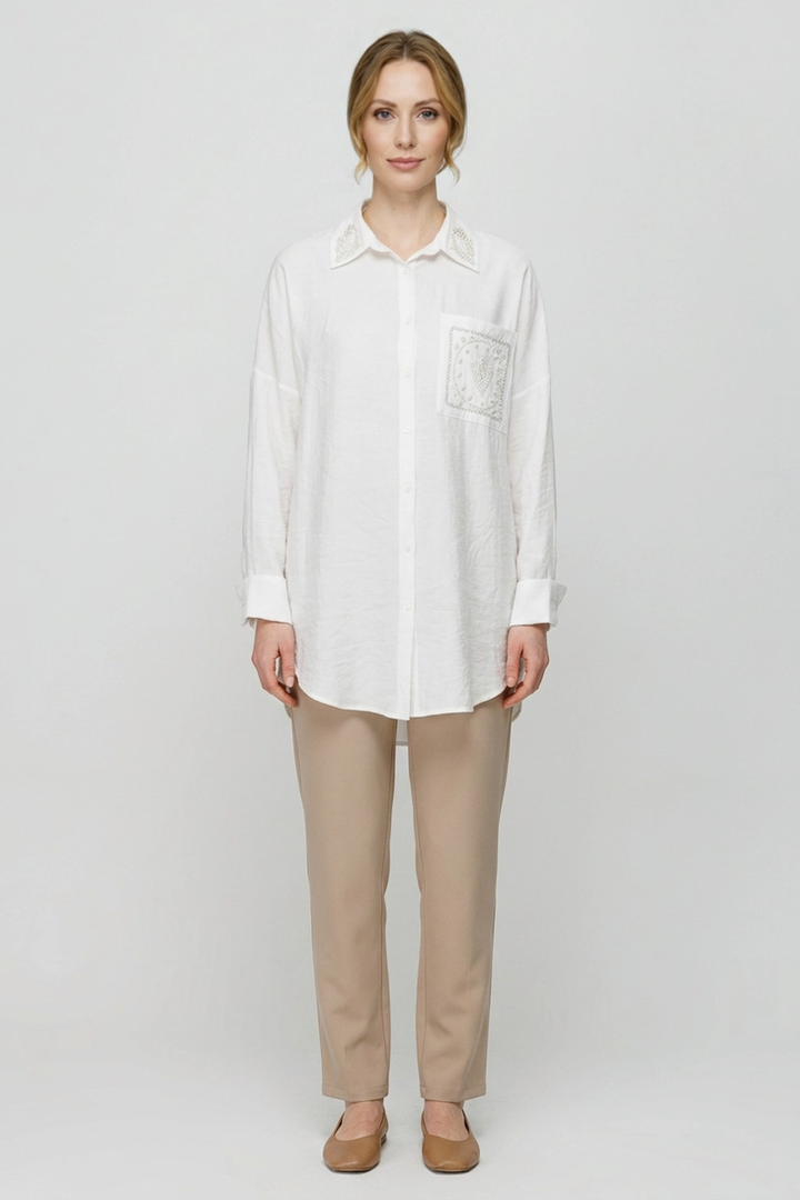 Saoirse | Pearl-Trimmed Crinkle Shirt — White (front)