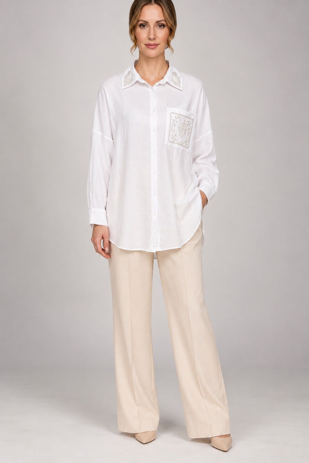Saoirse | Pearl-Trimmed Crinkle Shirt — White (front)