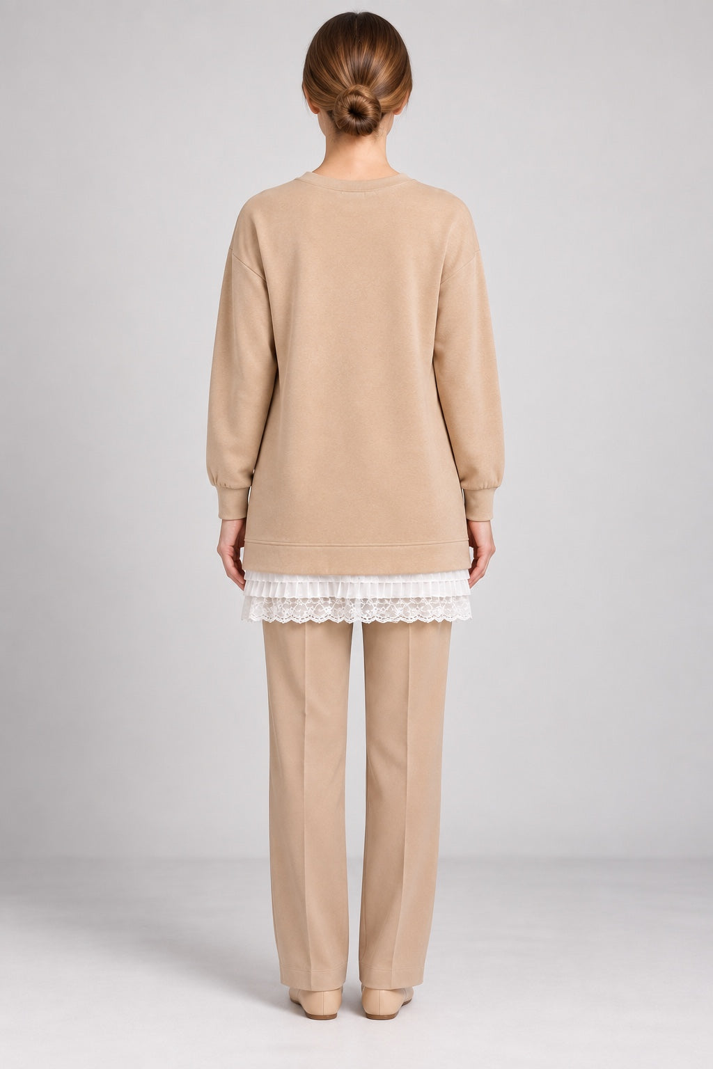 Penny | Chiffon-Hem Sweatshirt — Beige (back)