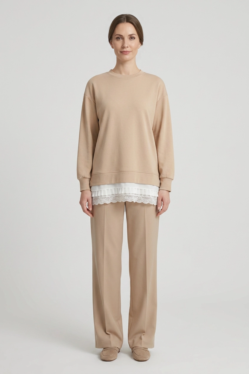 Penny | Chiffon-Hem Sweatshirt — Beige (front)