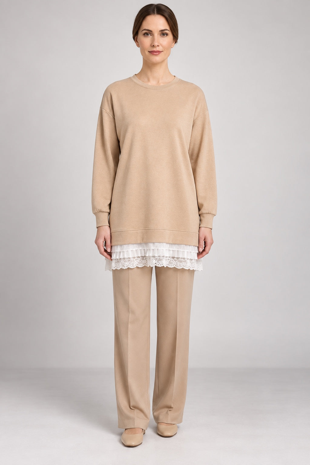 Penny | Chiffon-Hem Sweatshirt — Beige (front)