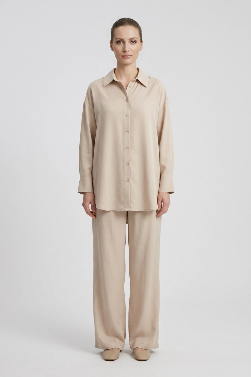 Olive | Relaxed Shirt Pant Set — Beige (front)