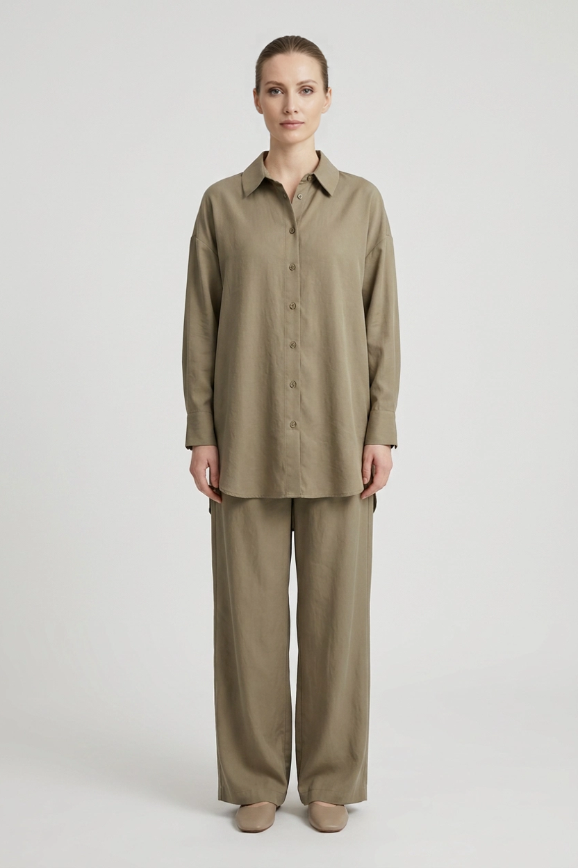 Olive | Relaxed Shirt Pant Set — Green (front)