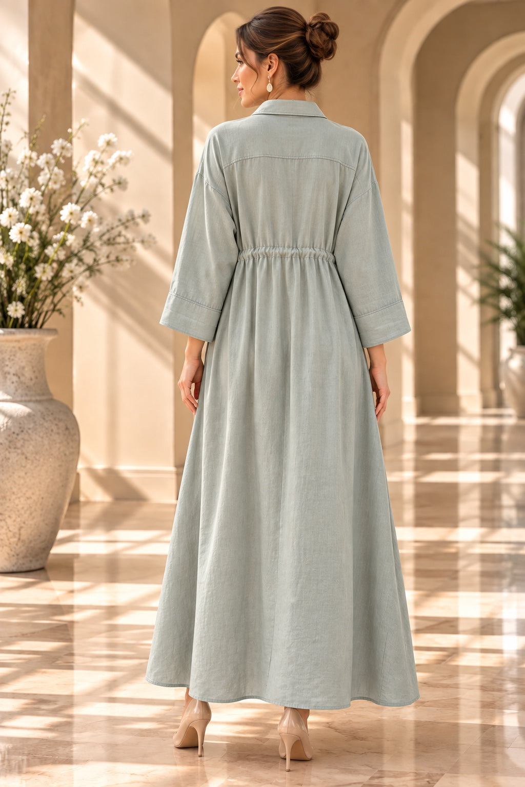 Maren | Drawstring Shirt Dress — Green (back)