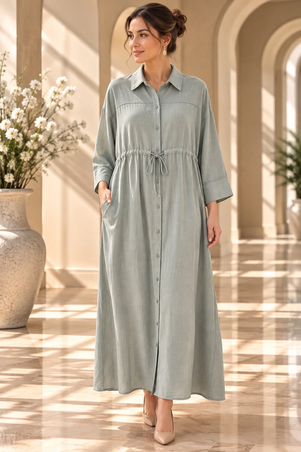 Maren | Drawstring Shirt Dress — Green (front)