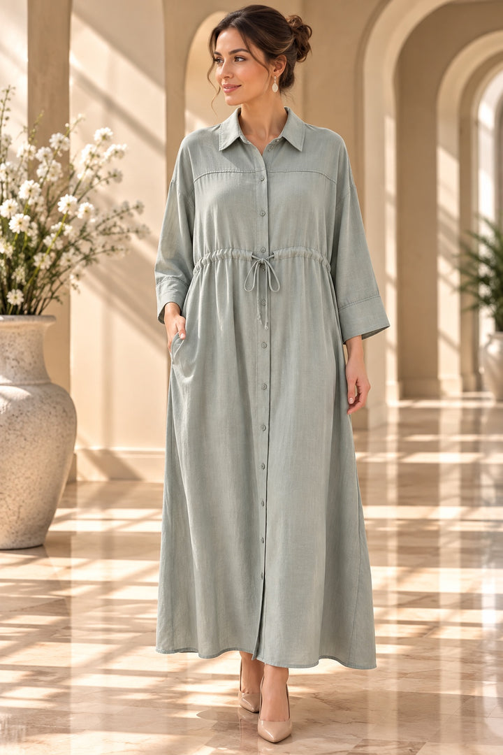 Maren | Drawstring Shirt Dress — Green (front)