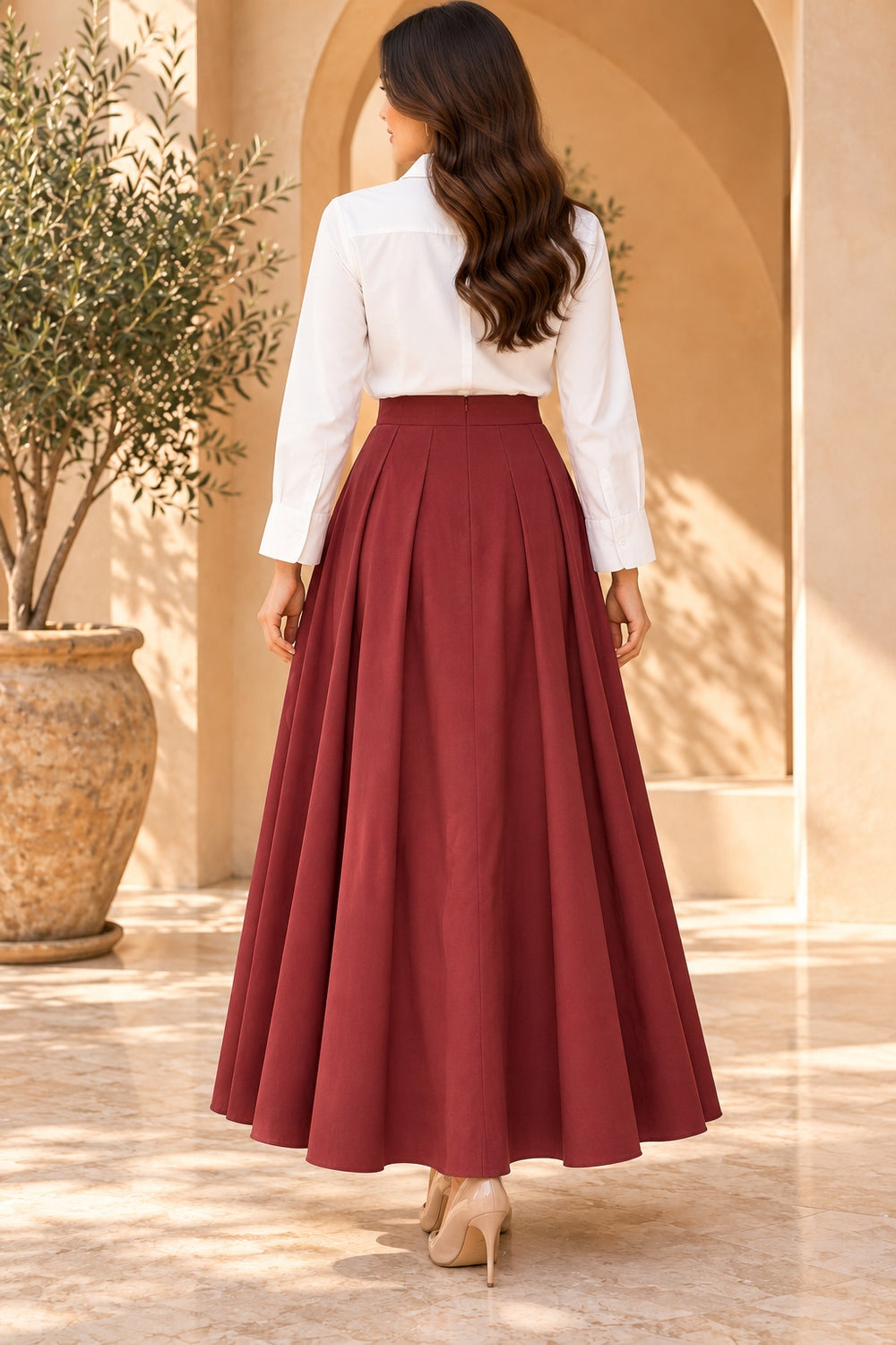 Garnet | Flared Maxi Skirt — Burgundy (back)