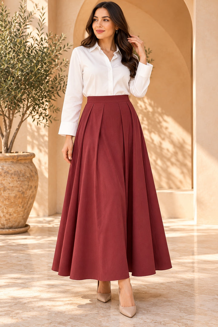 Garnet | Flared Maxi Skirt — Burgundy (front)