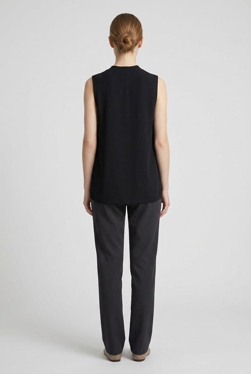 Romy | Crepe Sleeveless Shell Top — Black (back)