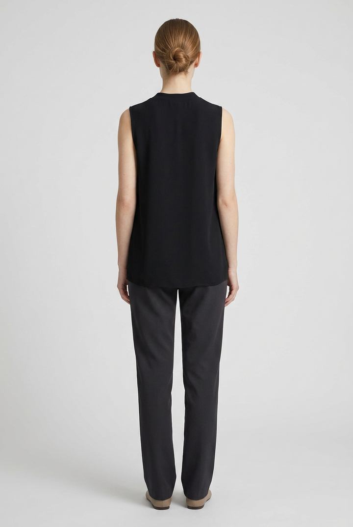 Romy | Crepe Sleeveless Shell Top — Black (back)