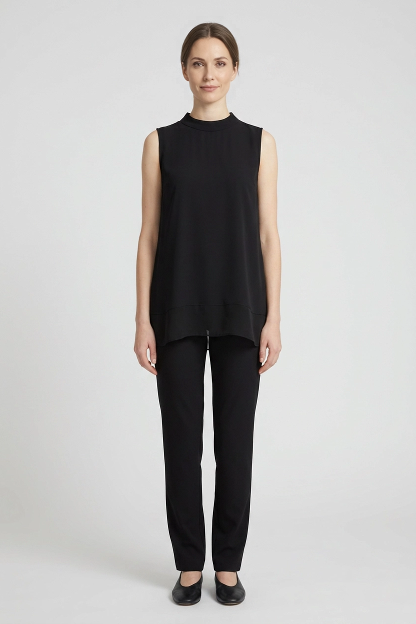 Romy | Crepe Sleeveless Shell Top — Black (front)