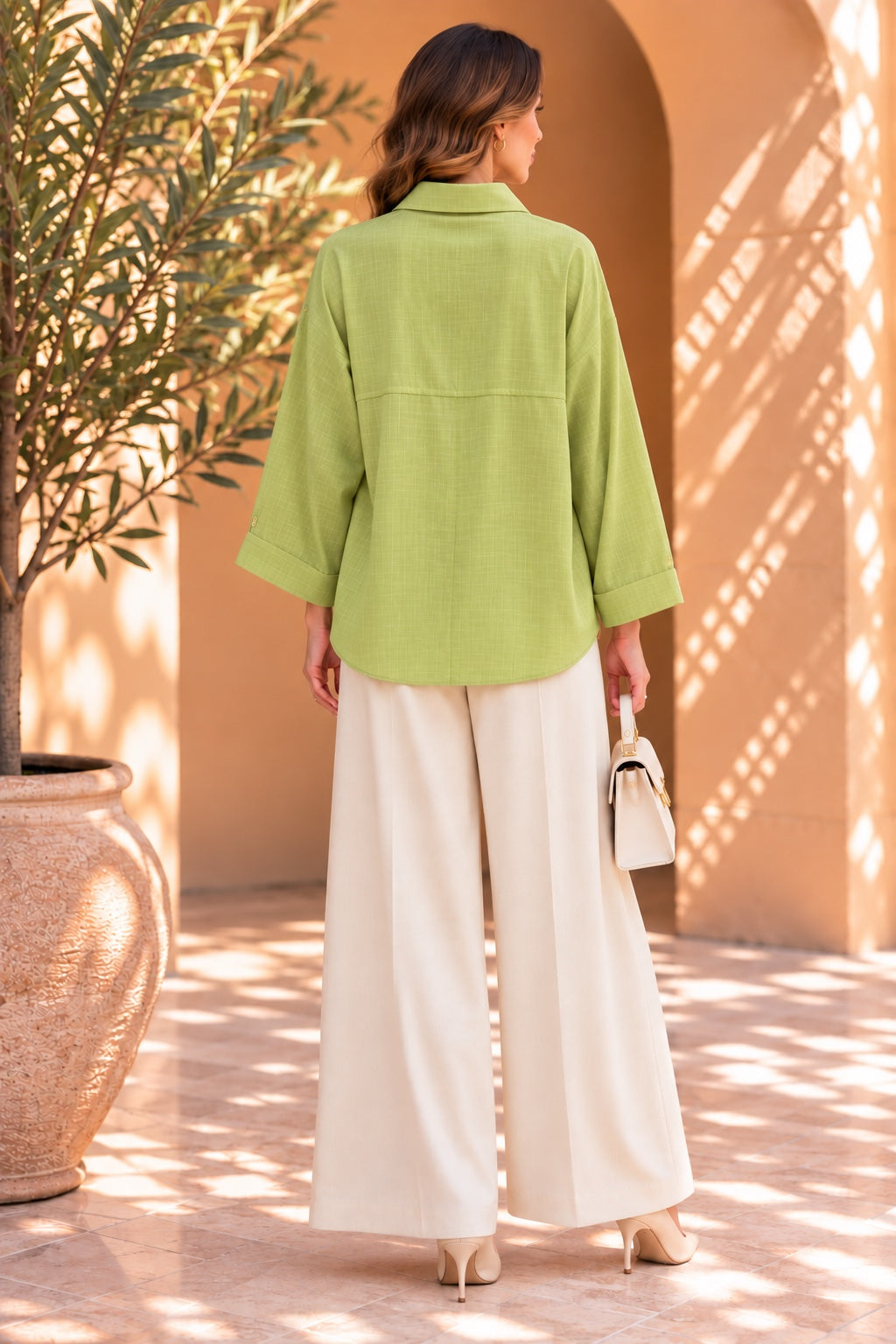 Tamsin | Textured Stripe Button-Up Shirt — Green (back)