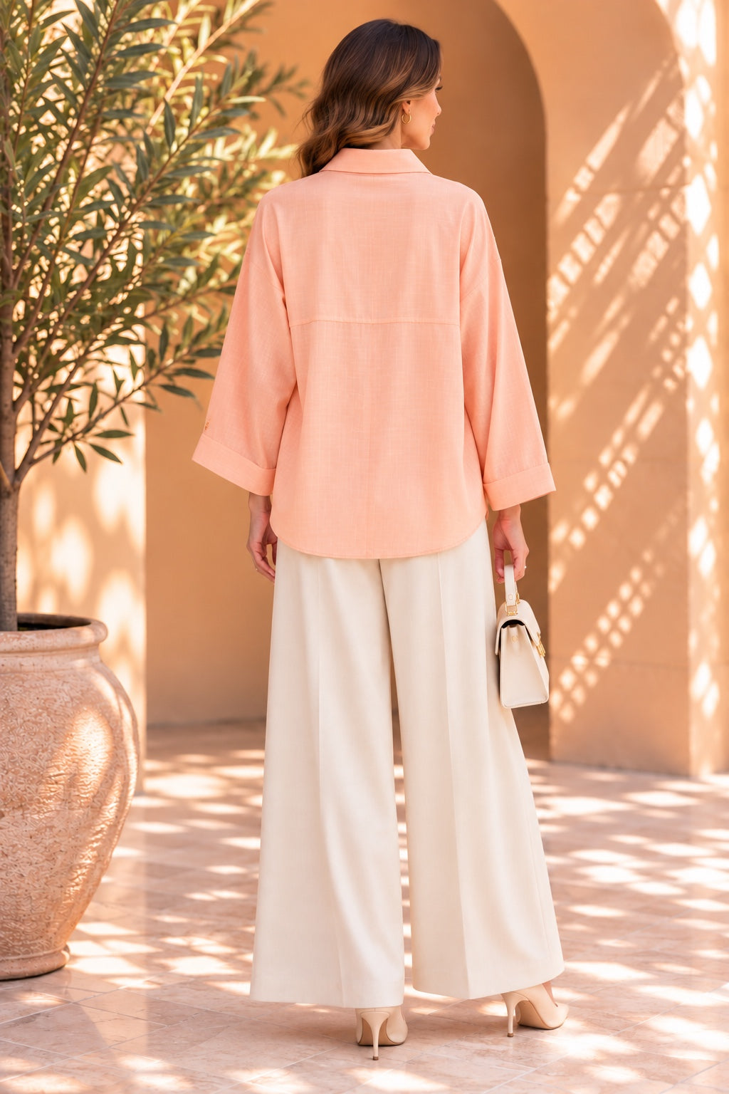Tamsin | Textured Stripe Button-Up Shirt — Peach (back)
