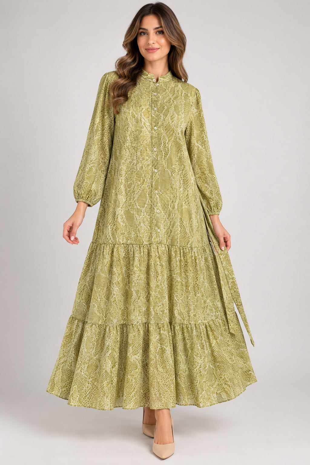 Anais | Python Print Belted Shirt Dress — Green (front)