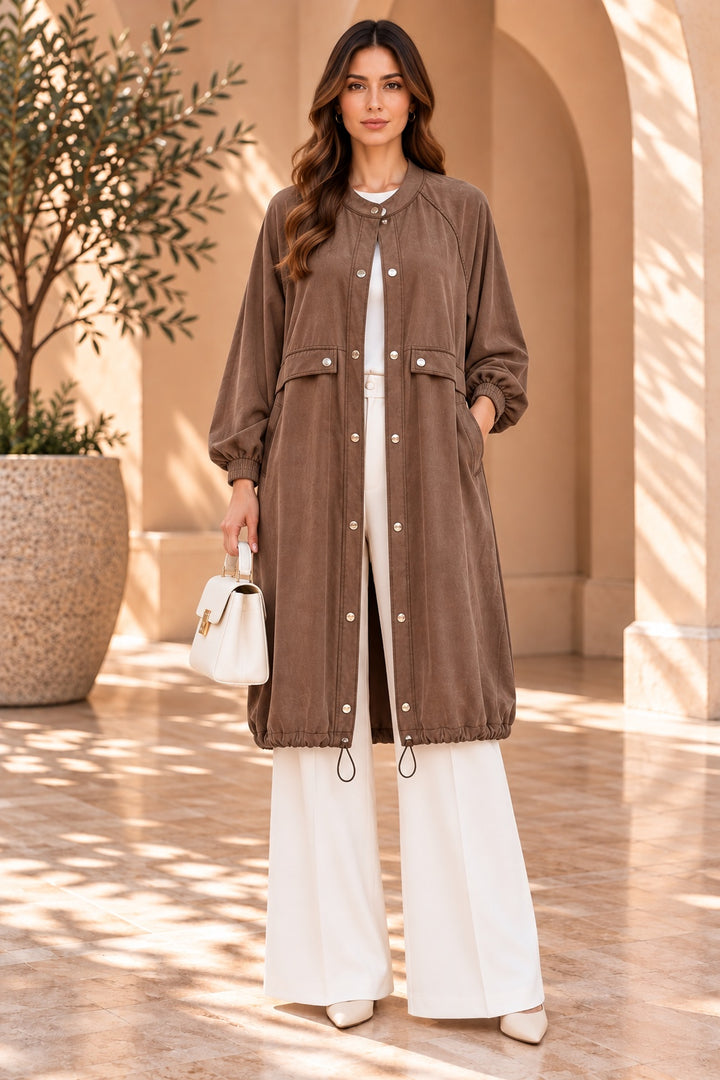 Nora | Hooded Snap Button Cape — Brown (front)