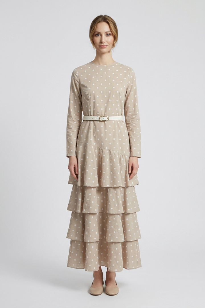 Petra | Polka Dot Tiered Dress — Beige (front)