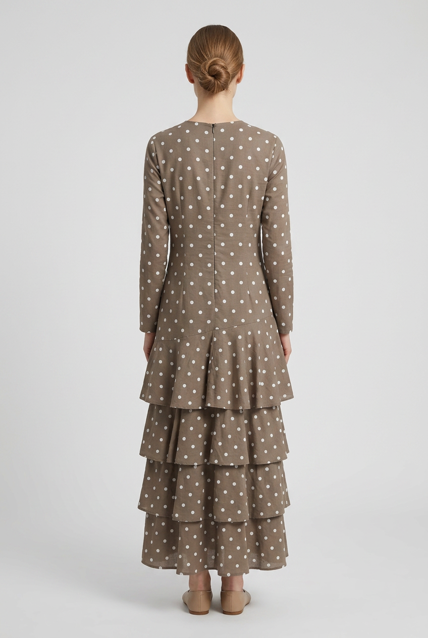 Petra | Polka Dot Tiered Dress — Mocha (back)