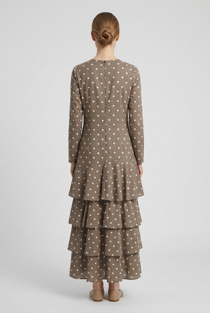 Petra | Polka Dot Tiered Dress — Mocha (back)