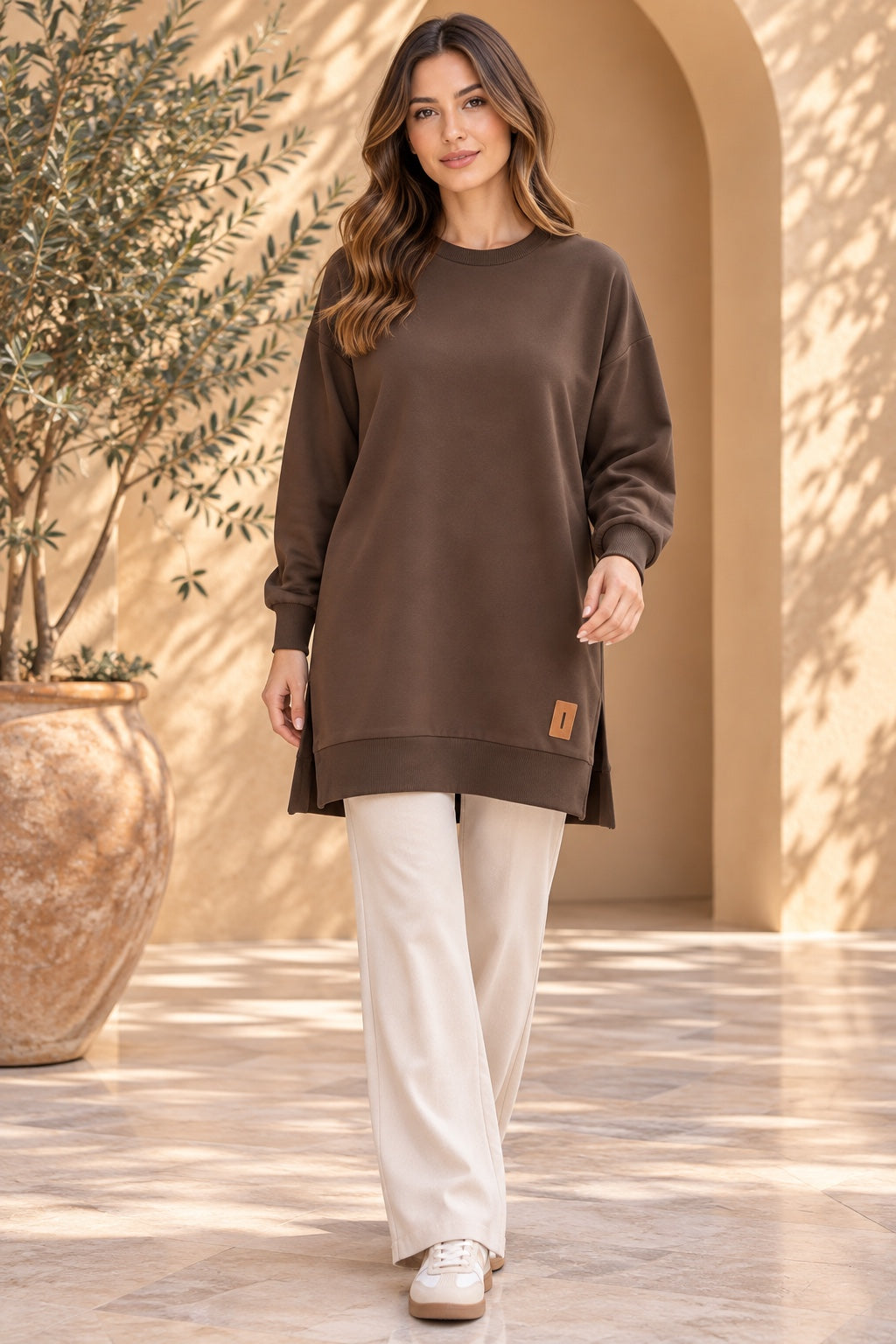 Blaze | Crew Neck Sweatshirt Tunic — Brown (front)