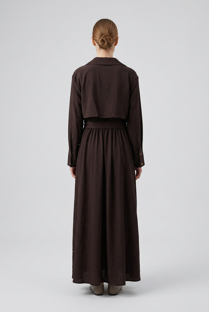 Blythe | Crinkle Tie Neck Dress — Brown (back)