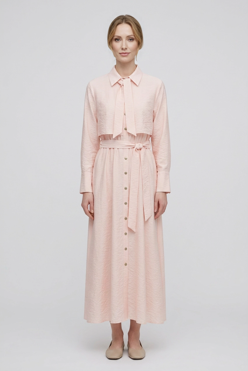 Blythe | Crinkle Tie Neck Dress — Pink (front)
