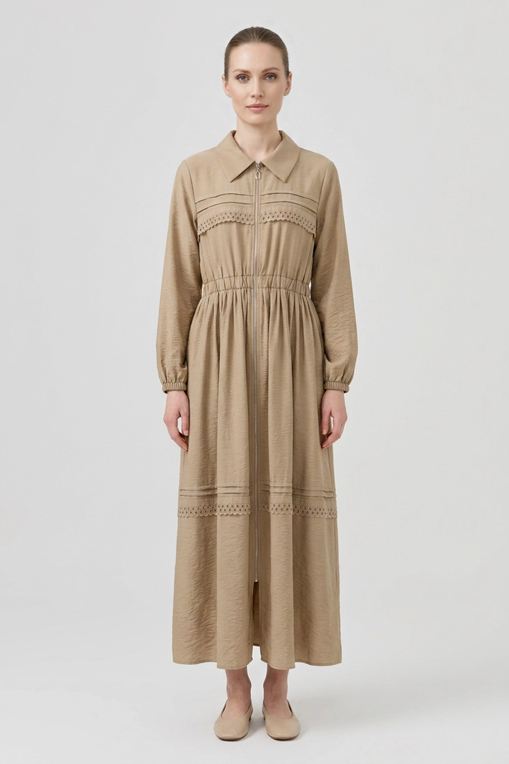 Sable | Eyelet Zip Front Dress — Beige (front)
