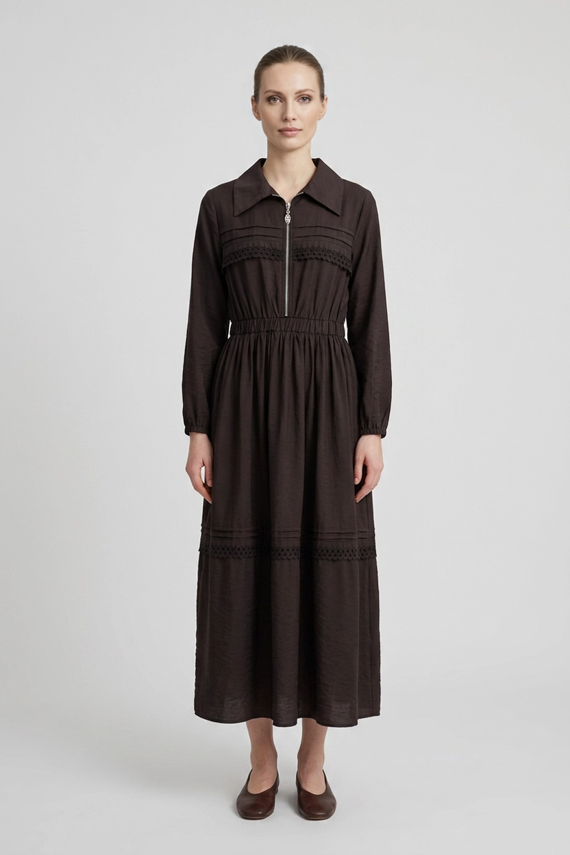 Sable | Eyelet Zip Front Dress — Brown (front)