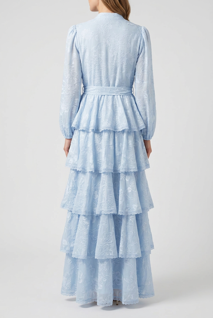 Constance | Floral Jacquard Tiered Dress — Blue