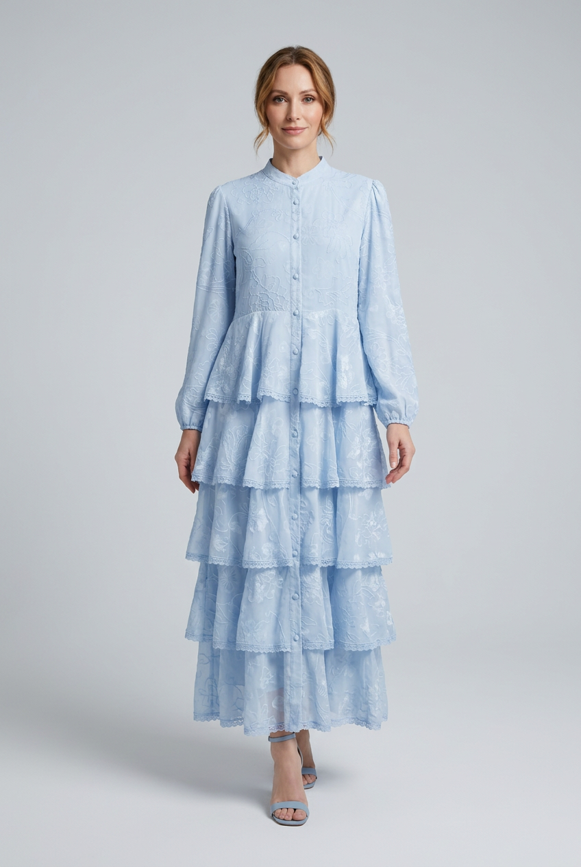 Constance | Floral Jacquard Tiered Dress — Blue