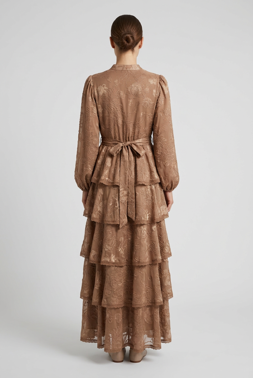 Constance | Floral Jacquard Tiered Dress — Brown
