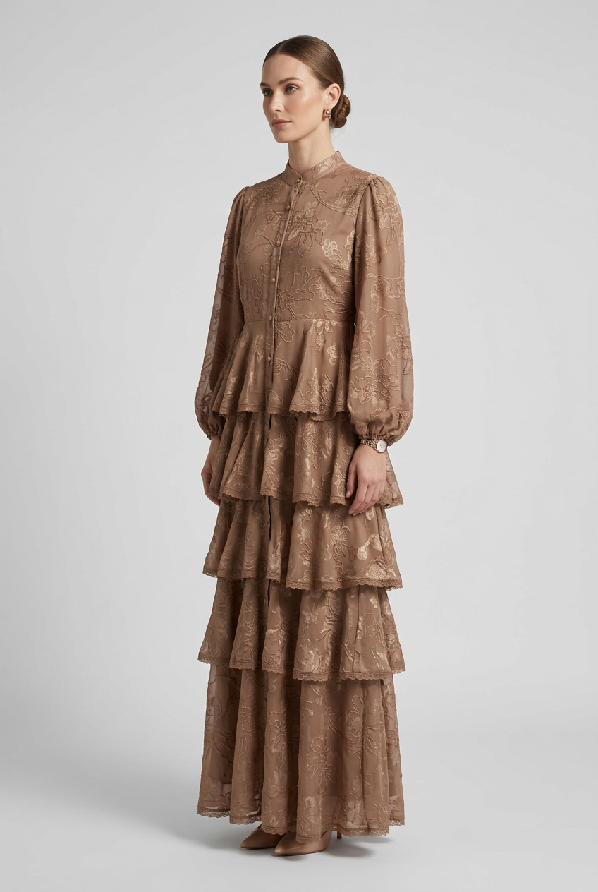 Constance | Floral Jacquard Tiered Dress — Brown