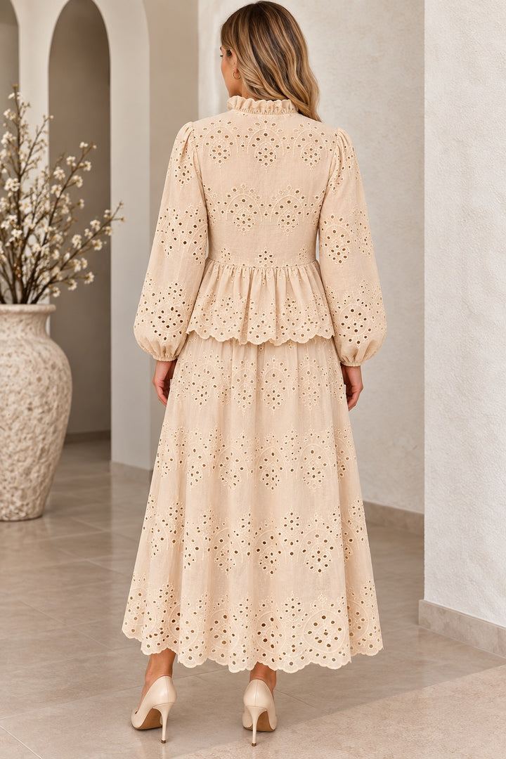 Annelise | Eyelet Peplum Two-Piece Set — Beige (back)