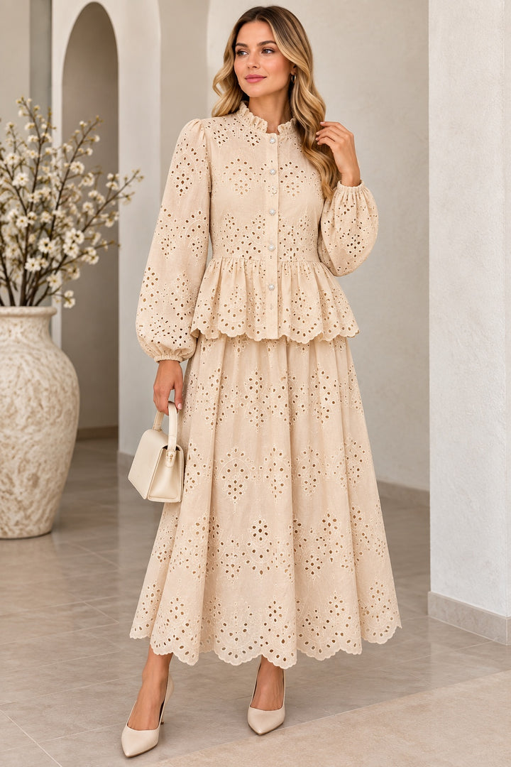 Annelise | Eyelet Peplum Two-Piece Set — Beige (front)