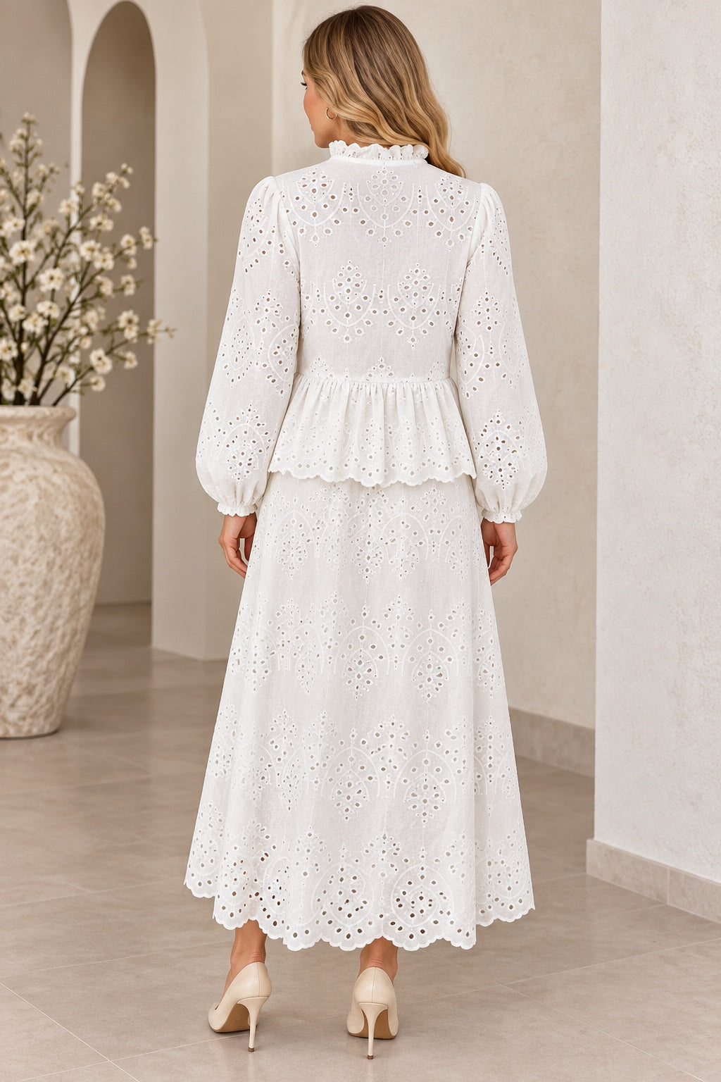 Annelise | Eyelet Peplum Two-Piece Set — White (back)