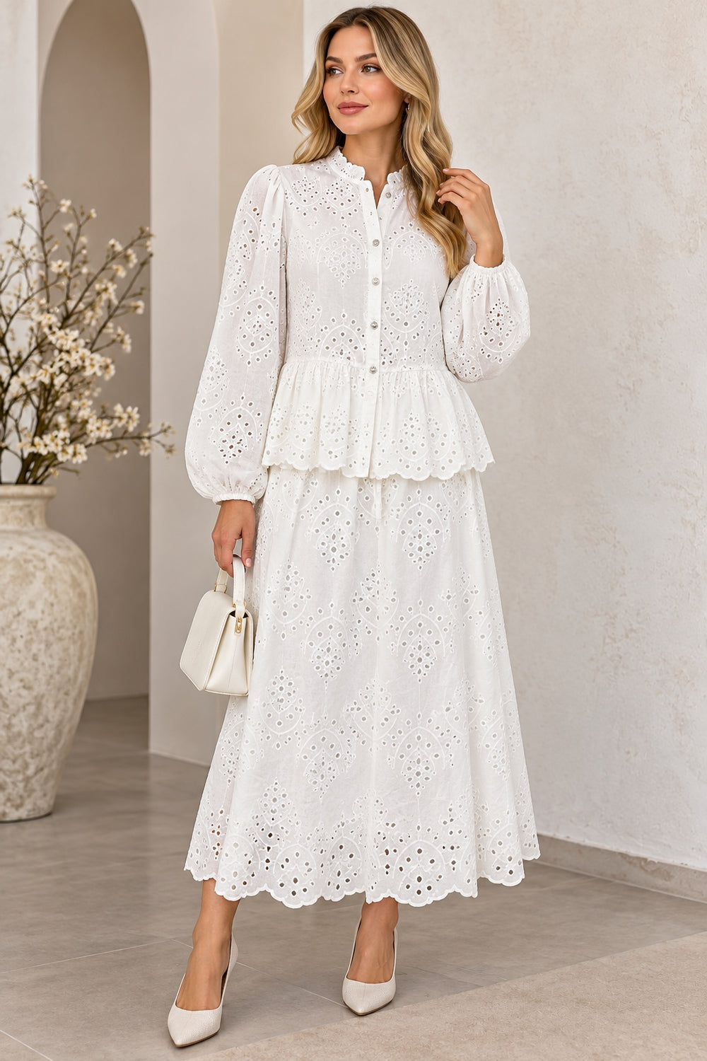 Annelise | Eyelet Peplum Two-Piece Set — White (front)