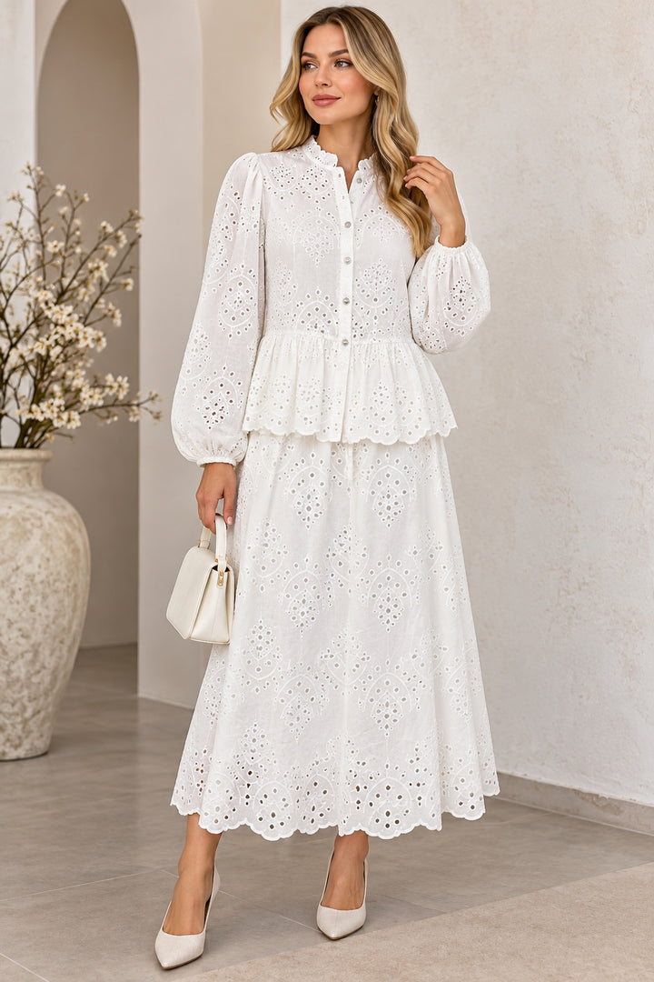 Annelise | Eyelet Peplum Two-Piece Set — White (front)
