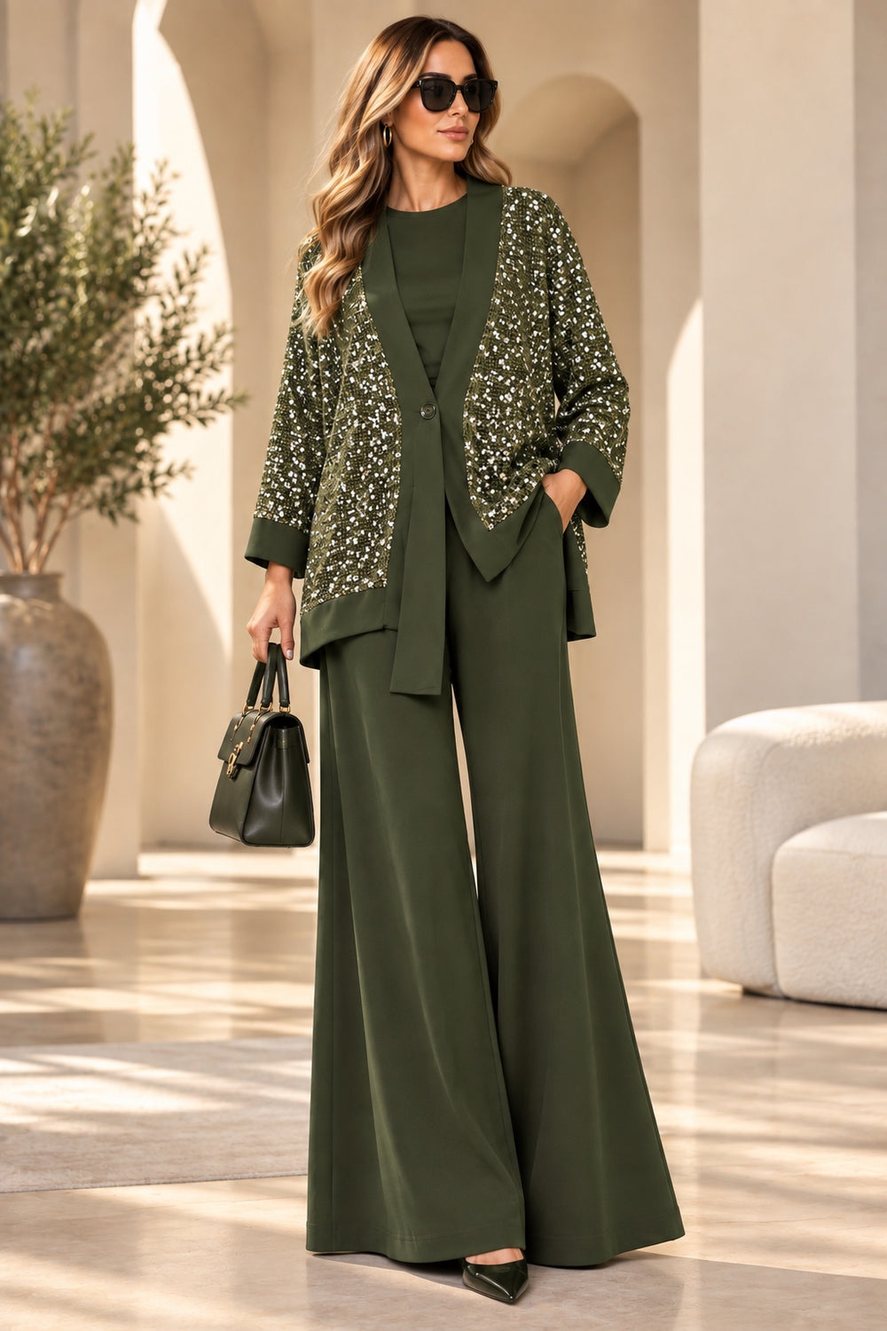 Nova | Sequin Cardigan Three-Piece Set — Green (front)