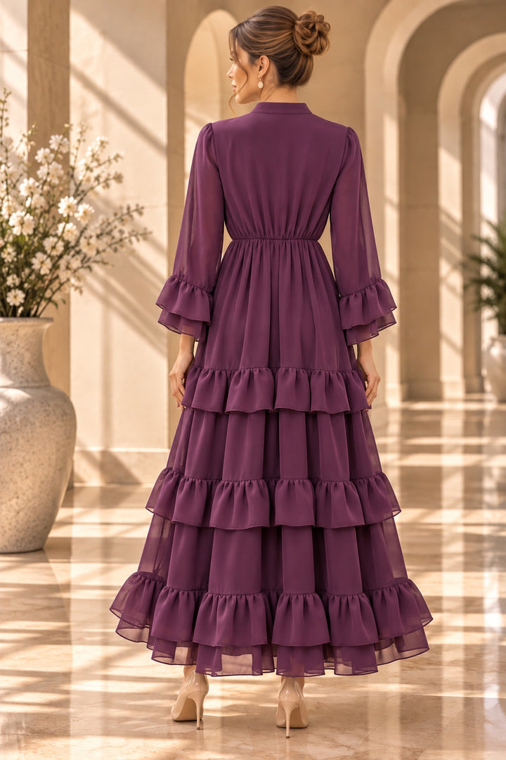 Celeste | Chiffon Ruffle Tiered Dress — Burgundy (back)