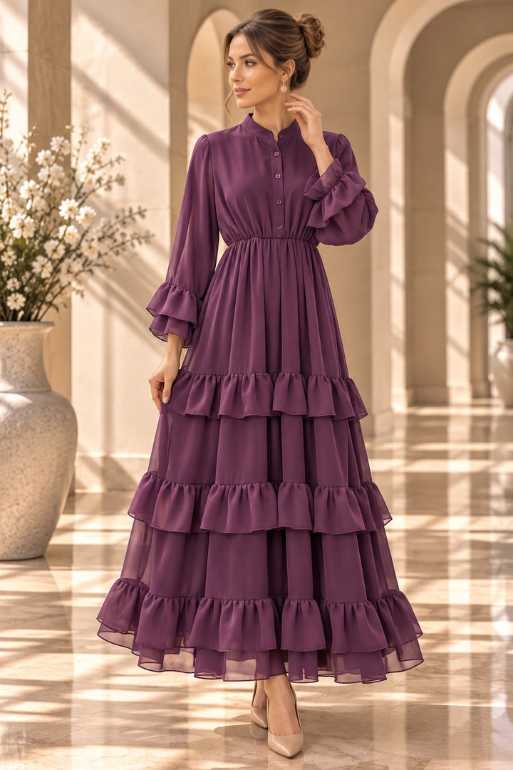 Celeste | Chiffon Ruffle Tiered Dress — Burgundy (front)