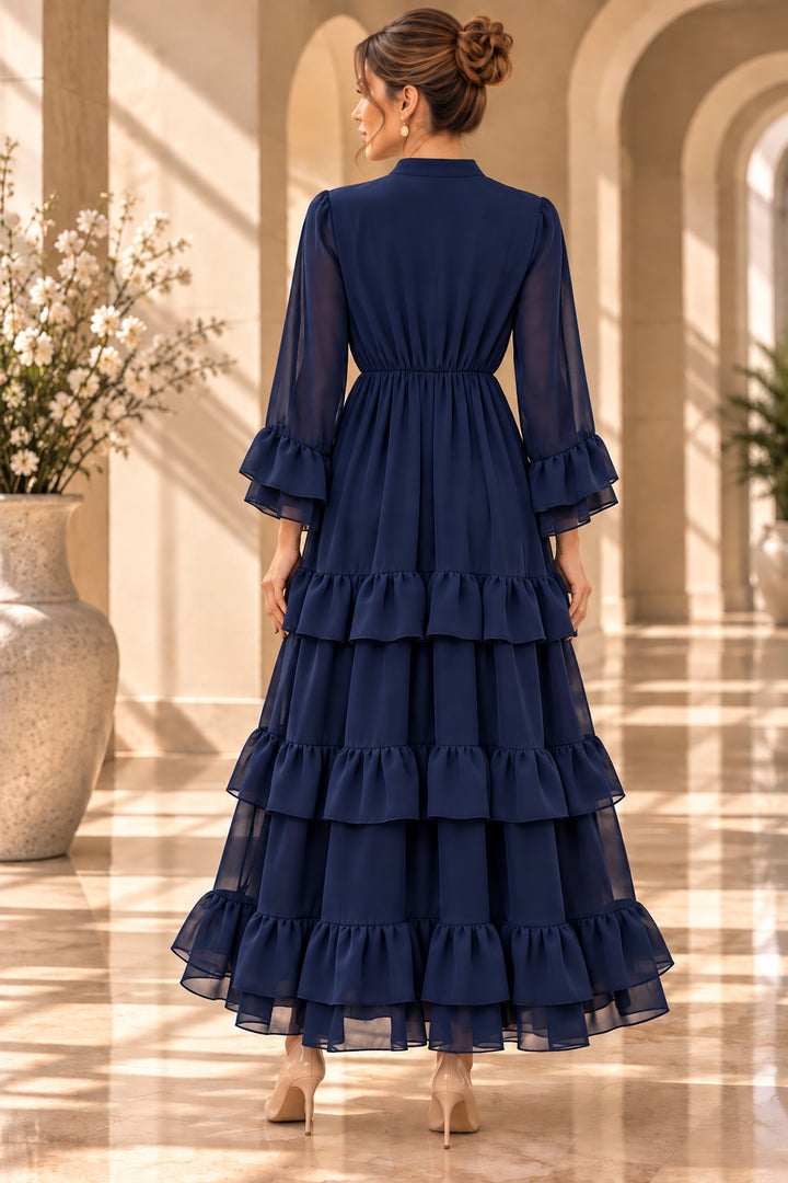 Celeste | Chiffon Ruffle Tiered Dress — Navy (back)